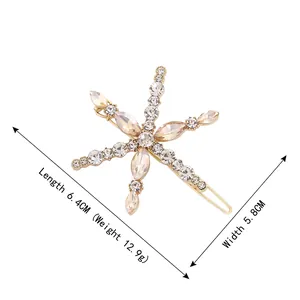 Minimalist snowflake rhinestone hair clip in gold alloy, 6.4cm length star design