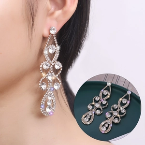 Boucles d'Oreilles Pendantes de Luxe en Alliage Strass à Franges pour Femmes Mode Goutte d'Eau Surdimensionnée Mariage Bijoux Accessoires