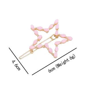 Pink star-shaped hair clip with pearls and gold frame for women, 6cm x 4.6cm size