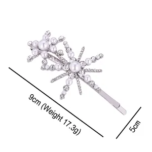 Fashionable snowflake hair clip with white pearls and sparkling rhinestones for women