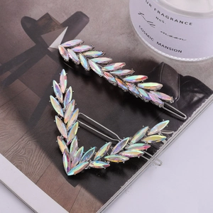 Barrettes à cheveux feuilles élégantes avec cristaux irisés sur base argentée, lot