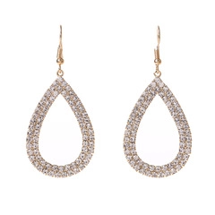 Detailed view of gold drop earrings with double rows of sparkling cubic zirconia stones
