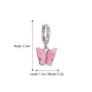 Chic silver hoop earrings with clear crystals and pink pearlescent butterfly pendant