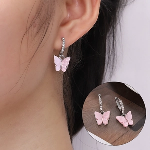 Colorful Acrylic Butterfly Drop Earrings With Rhinestone Stainless Steel Hoop For Women Fashion Fresh Jewelry Gift