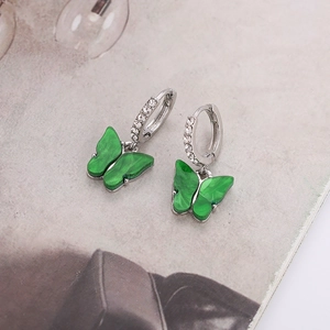 Fashionable acrylic butterfly hoop earrings with sparkling rhinestones and green marble texture