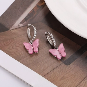 Pink marble butterfly charm hoop earrings with crystal diamonds in silver finish