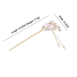 Elegant gold metal hair stick with purple floral resin flowers and faux pearls