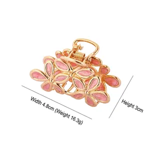 Pink floral hair claw clip in golden metal alloy for women, 4.8cm small hair accessory