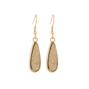 Detailed front view of golden waterdrop earrings featuring sparkling champagne resin druzy
