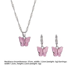 Detailed view of pink butterfly jewelry set with specific size and weight measurements