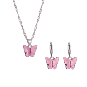 Retro butterfly jewelry set with pink pearlescent pendant necklace and earrings