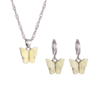 Detailed macro view of vintage resin butterfly necklace and hoop earrings jewelry set