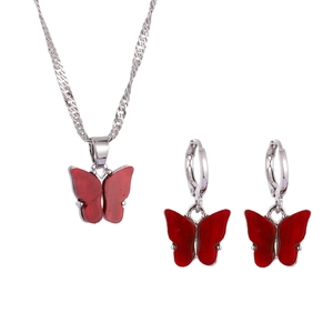 Retro butterfly jewelry set with red resin pendants and silver chain for women