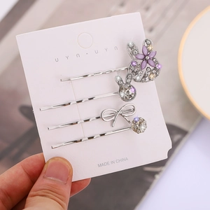 Lot de 4 barrettes charmantes avec fleurs et chatons en strass et pétales de fleurs violets