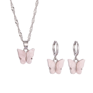 Detailed view of pink resin butterfly jewelry set including necklace and earrings