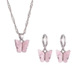 Detail of pink resin butterfly necklace and matching earrings in silver finish