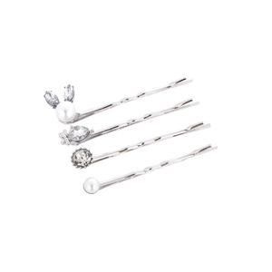 Haarklammer-Set mit silbernem Hasen, weißen Perlen und glänzenden Strasssteinen