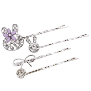 Lot de barrettes argentées avec fleur violette, strass brillants et motif de lapin