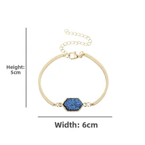 Retro golden bangle with blue hexagonal crystal druzy including 5cm by 6cm dimensions