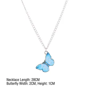 Gradient blue butterfly pendant necklace with silver chain, 28cm length and 2cm width