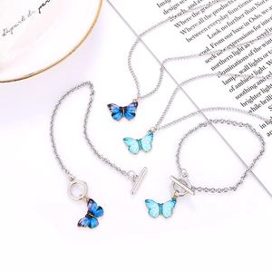 Ins Style Gradient Butterfly Necklace For Women Alloy Drip Oil Pendant OT Clasp Fashion Jewelry Choker Necklace Bracelet Set