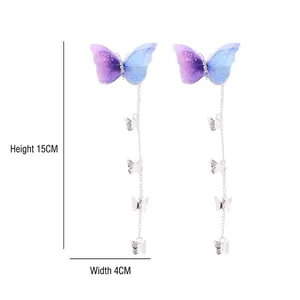 Blue-purple mesh butterfly earring set with silver tassel fringe and dimensions 15x4cm