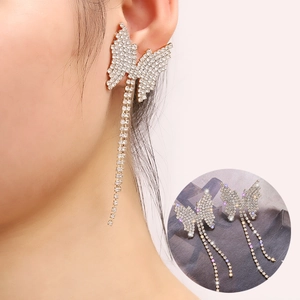 Boucles d'Oreilles Longs Glands Collier Bijoux Alliage Strass Pendentif Papillon Colliers Boucles d'Oreilles pour Femmes Cadeau