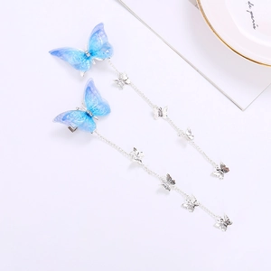 Blue purple gradient mesh butterfly hair clips with long silver tassels and rhinestones