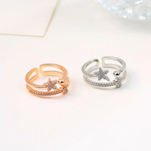Korean Style Star Double Layer Open Ring For Women Personalized Rhinestone Heart Adjustable Metal Finger Ring Fashion Jewelry Gift