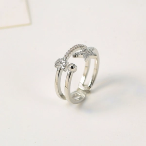 Double-layered star and bead open ring with pavé cubic zirconia in silver finish