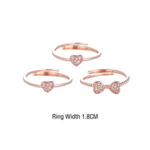 Three-in-one rose gold adjustable clover ring set with white cubic zirconia crystals