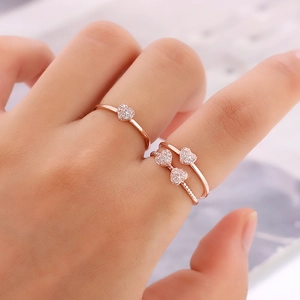 Adjustable Copper Ring Set For Women Heart Four Leaf Clover Design Rhinestone Inlaid Fashion Open Finger Rings Jewelry Accessory