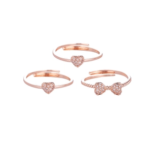 Three rose gold clover and heart open rings with sparkling cubic zirconia pavé setting