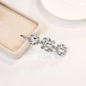 Elegant silver rhinestone hair clip with white crystals and square gemstone for women