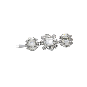 Silver hair clip with sparkling white rhinestones and rectangular crystal clusters