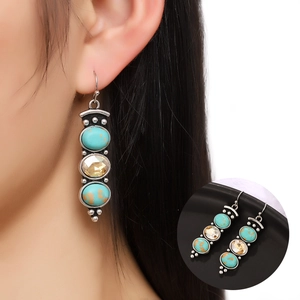 Vintage Bohemian Antique Silver Dangle Earrings For Women With 925 Sterling Silver Post Champagne Rhinestone Turquoise Style