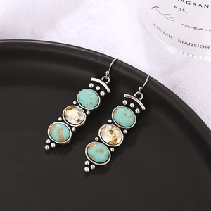 Retro S925 turquoise drop earrings with champagne crystals in a boho ethnic style