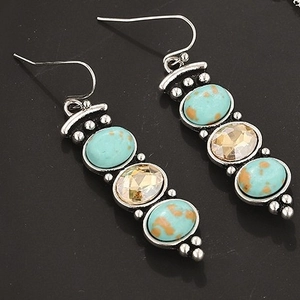 Vintage bohemian turquoise and champagne crystal long drop earrings in retro silver