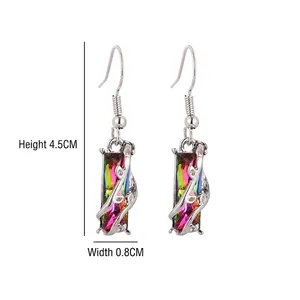 Colorful geometric zircon drop earrings with silver-plated wire wrap, 4.5cm length