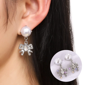 Elegant Bowknot Artificial Pearl Drop Earrings With 925 Sterling Silver Earring Post Alloy Rhinestone Dangle Earrings For Wedding Party Women Jewelry