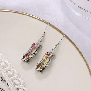 Silver geometric earrings with colorful rectangular crystals and vine metal texture