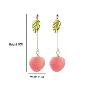 Handmade pink peach drop earrings with green leaf and long gold chain, 7cm high