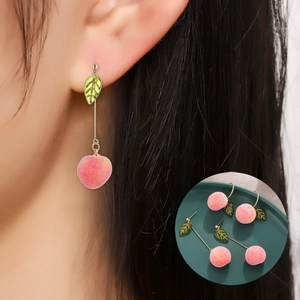 Sweet Korean Style Peach Flocked Stud Earrings With Resin Leaf Long Alloy Drop Earrings For Women Stainless Steel Post