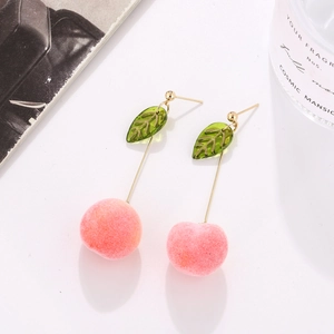 Sweet pink peach drop earrings with green leaf and golden stud on white background