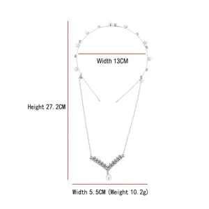 Elegant silver pearl headband with V-shaped rhinestone pendant and hanging pearl charm