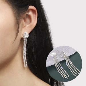 Boucles d'Oreilles Pendantes Luxueuses en Alliage avec Franges de Strass pour Femmes Longues Géométriques Cœur Rond Carré Bijoux
