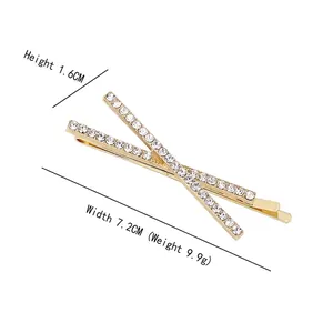 Crossed X-shape golden alloy hair clip with sparkling rhinestones, 7.2cm length size