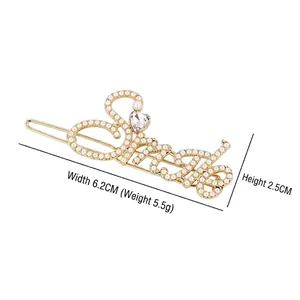 Elegant gold letter hair clip with white pearls and heart crystal, 6.2cm x 2.5cm size