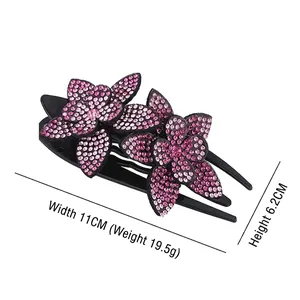 Glitzernde Haarspange mit rosa Strassblumen und schwarzer Basis für Damen, 11cm