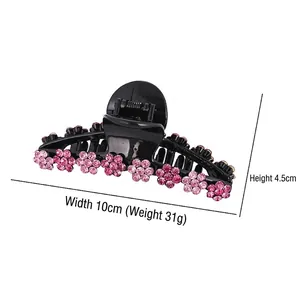 Grande pince à cheveux noire style coréen avec fleurs en strass roses, taille 10x4,5cm